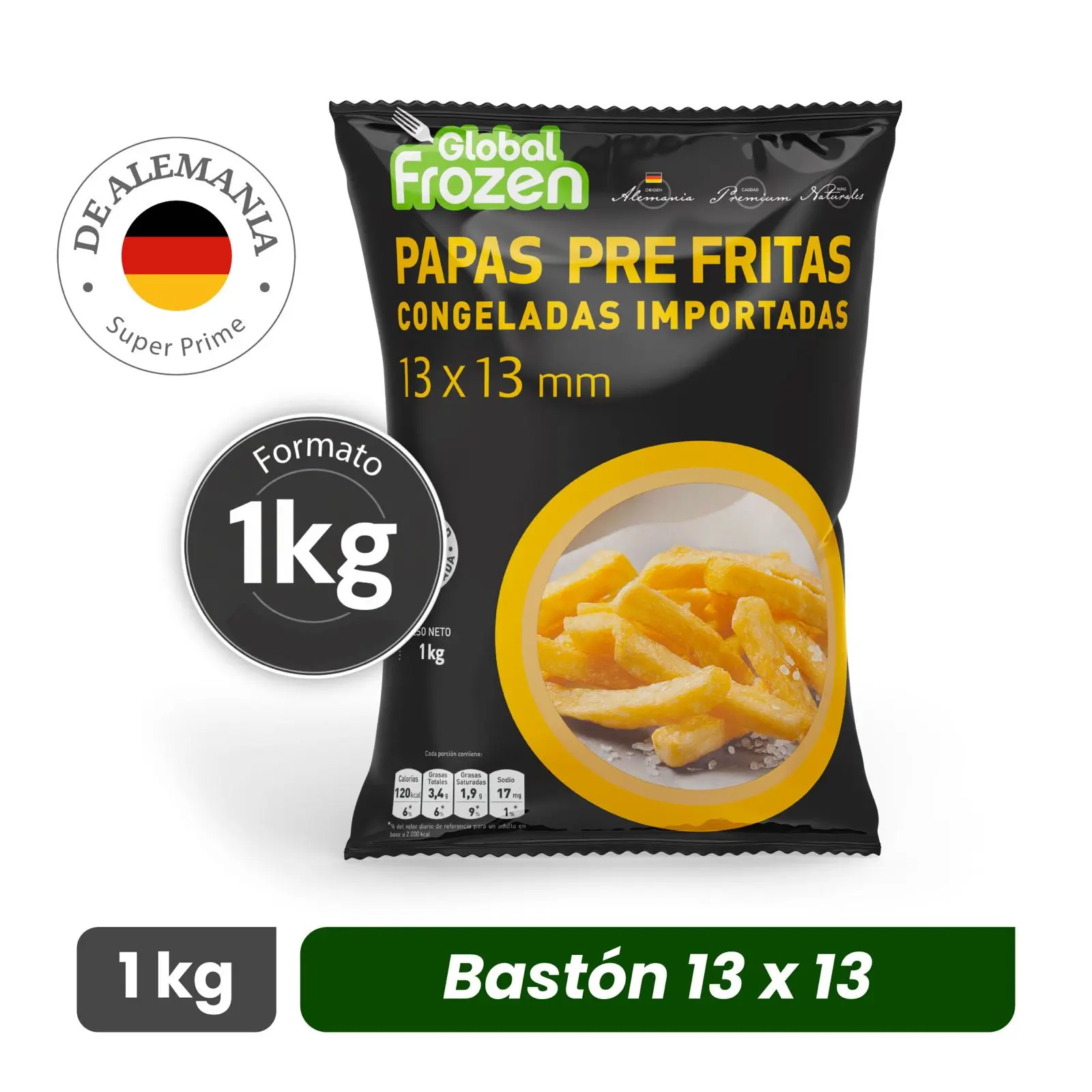 Papas Pre Fritas 13x13 mm - Corte Bastón - Bolsas 1 kg - Caja 10 kg