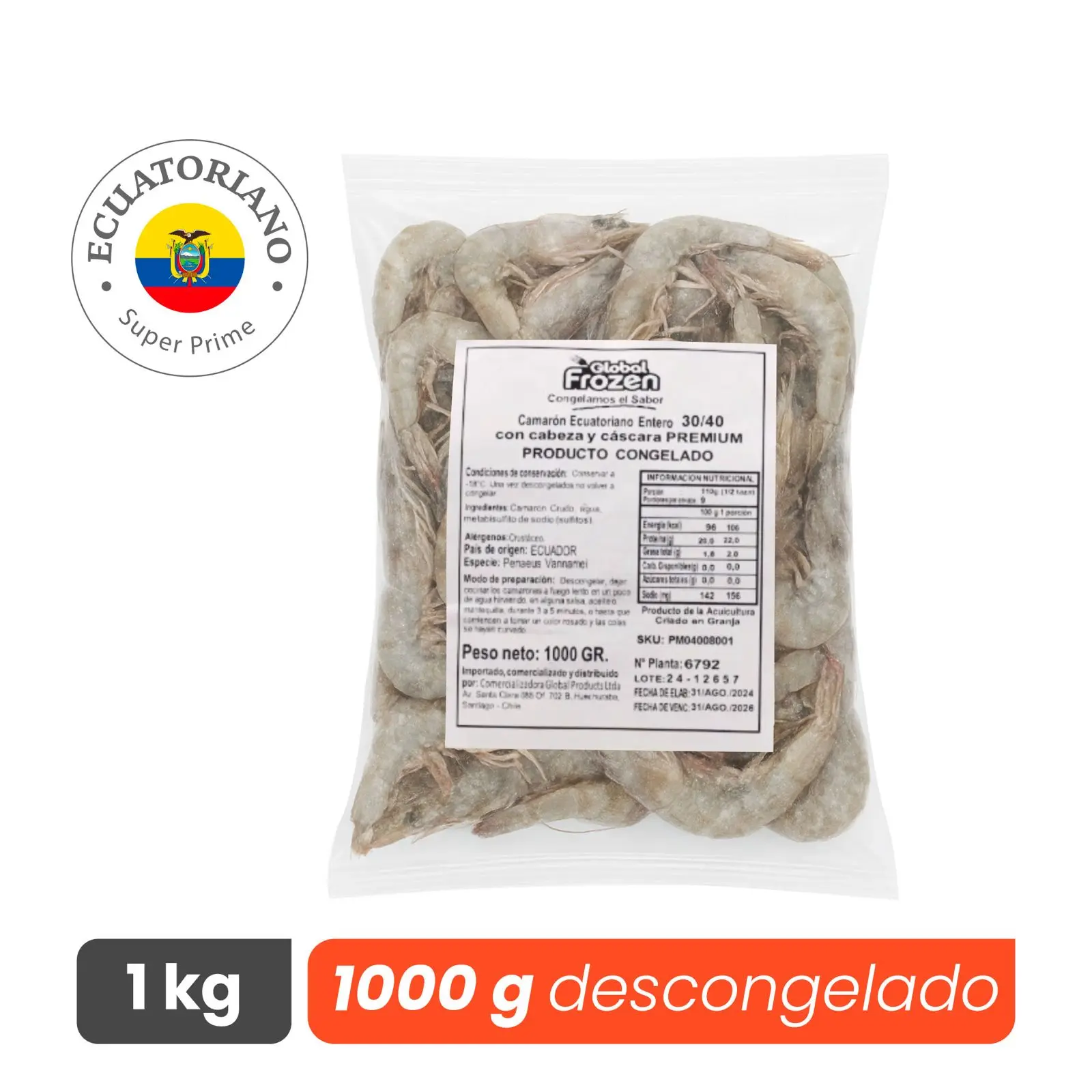 Camarón 30/40 Entero con Cabeza y Cola - Super Prime - Caja 10 kg