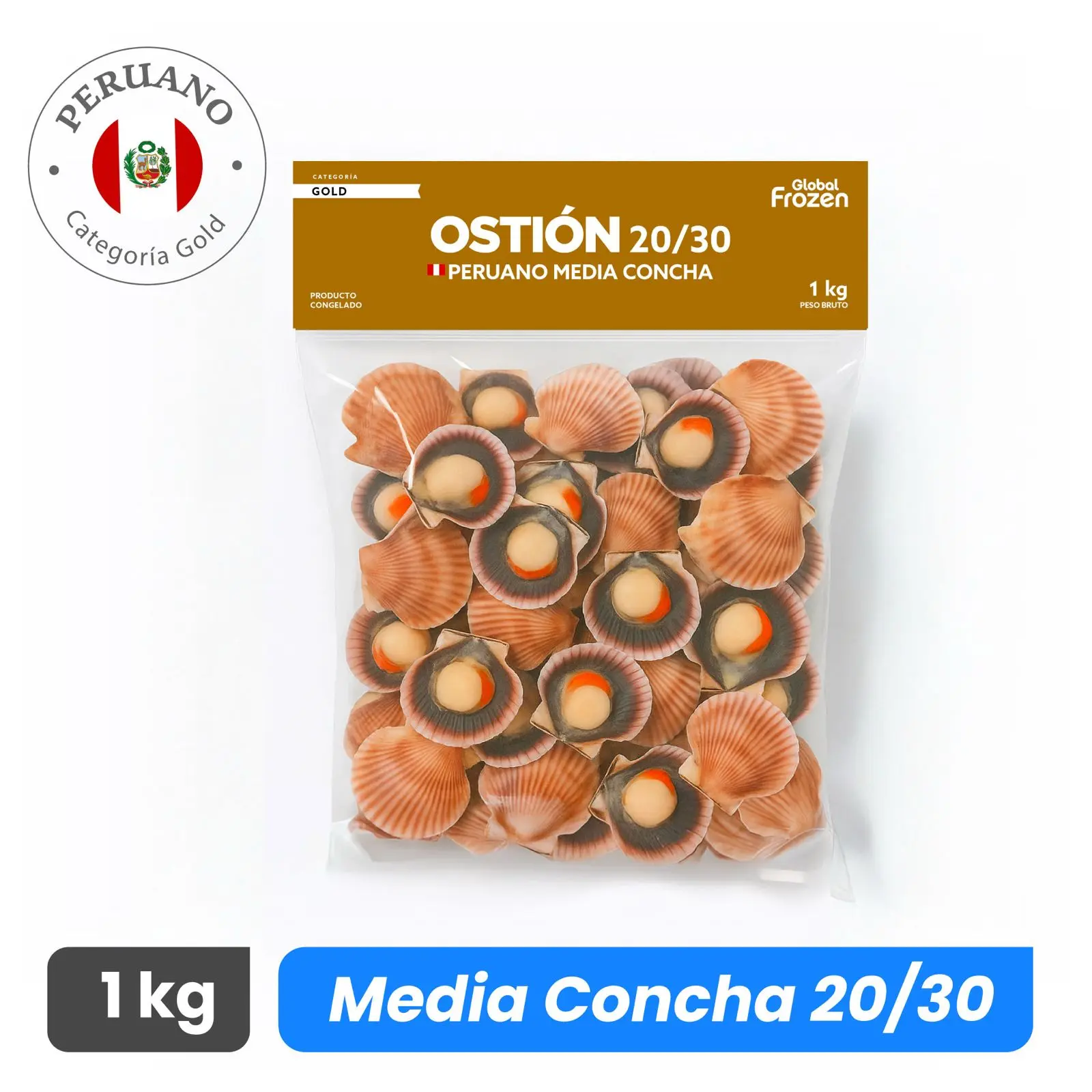 Ostiones Media Concha Peruano 20/30 - Caja 10 kg